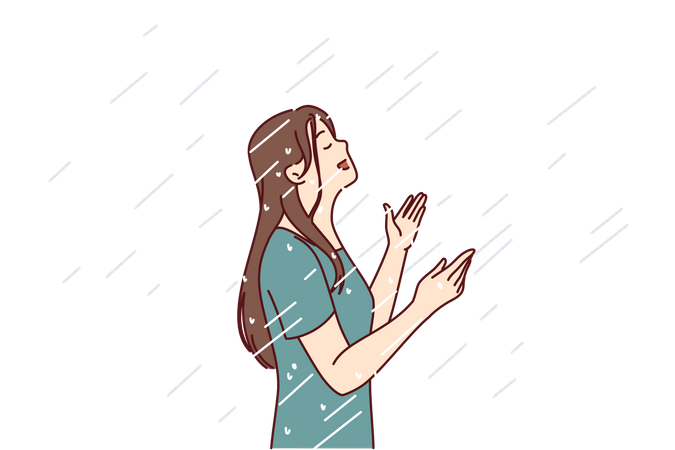 Niña parada bajo la lluvia  Ilustración