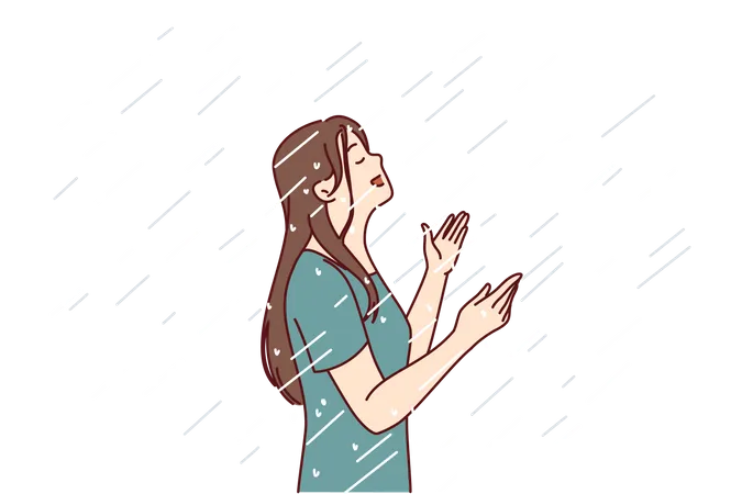 Niña parada bajo la lluvia  Ilustración