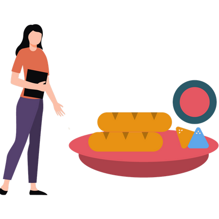 Chica parada cerca de comida tradicional  Ilustración