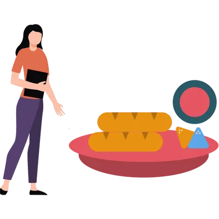 Chica parada cerca de comida tradicional  Ilustración