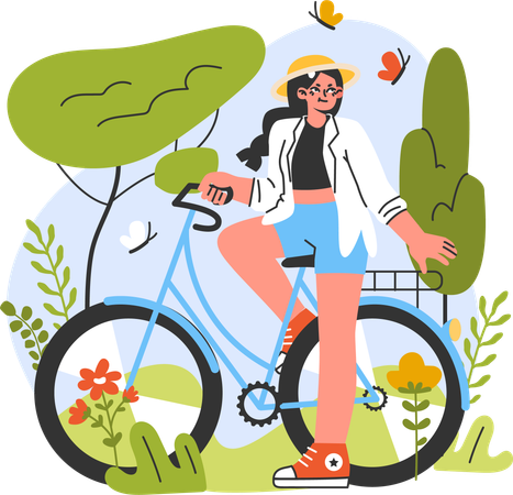 Chica de pie con bicicleta  Ilustración