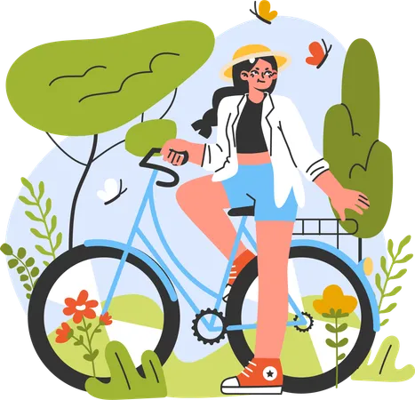 Chica de pie con bicicleta  Ilustración