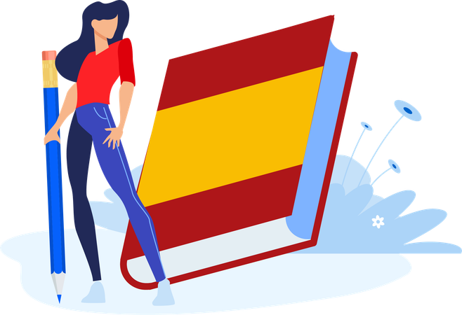 Chica de pie con lápiz y libro de España  Ilustración