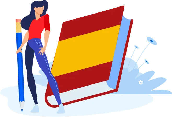 Chica de pie con lápiz y libro de España  Ilustración