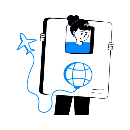 Chica de pie con pasaporte para viaje internacional  Ilustración