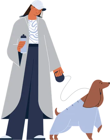 Chica de pie con perro mientras sostiene el café  Ilustración