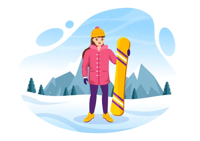 Chica de pie con snowboard  Ilustración