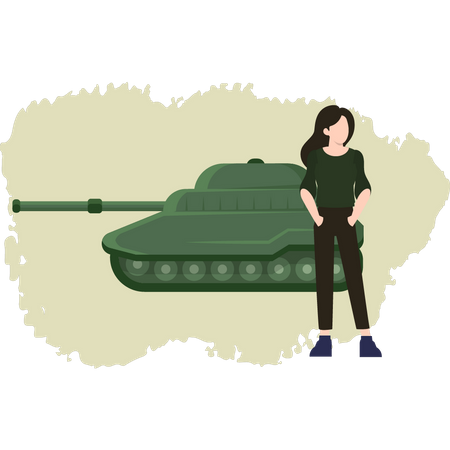 Niña de pie con tanque militar  Ilustración