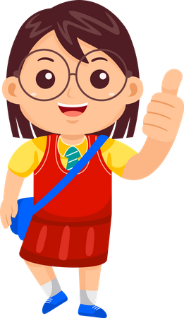 Chica parada en uniforme escolar y mostrando el pulgar hacia arriba  Ilustración