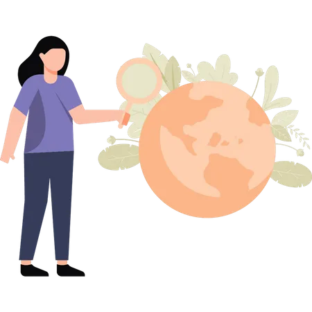 Chica de pie junto al globo verde con lupa  Ilustración