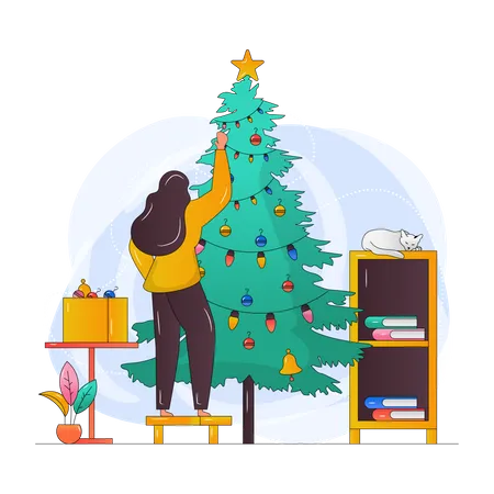 Niña decorando el árbol de navidad  Ilustración