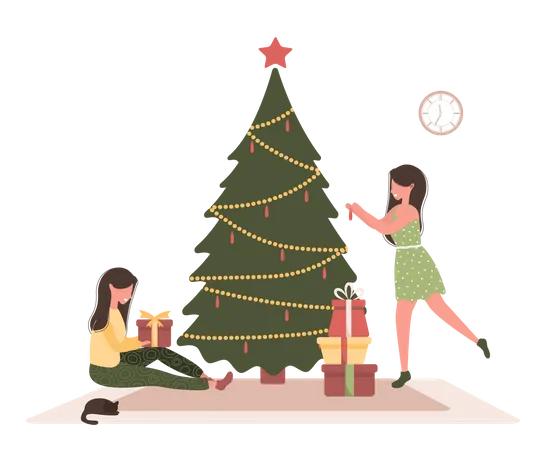 Niña decorando el árbol de navidad  Ilustración