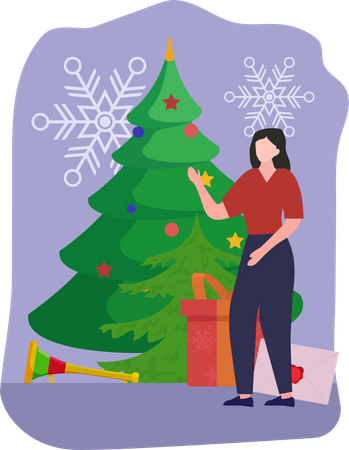 Niña decorando el árbol de navidad  Ilustración