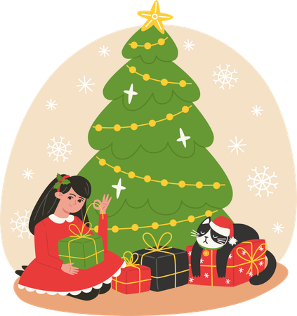 Chica desempaqueta regalos bajo el árbol de Navidad  Ilustración