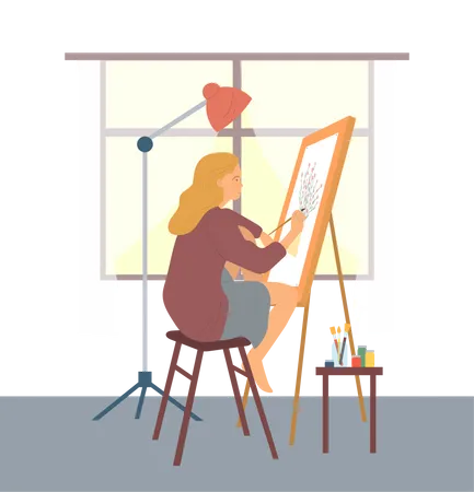 Chica dibujando arte sobre lienzo.  Ilustración