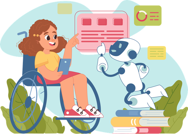 Niña discapacitada interactuando con un chatbot educativo inteligente  Ilustración