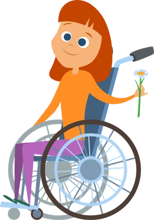 Niña discapacitada sosteniendo una flor mientras está sentada en una silla de ruedas  Ilustración