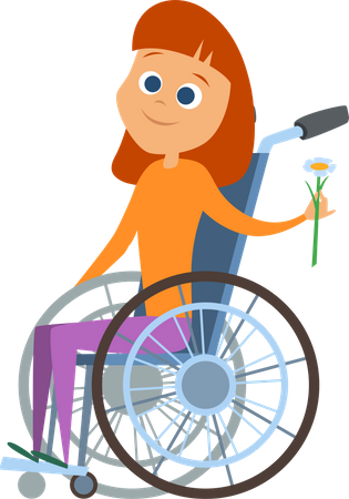 Niña discapacitada sosteniendo una flor mientras está sentada en una silla de ruedas  Ilustración