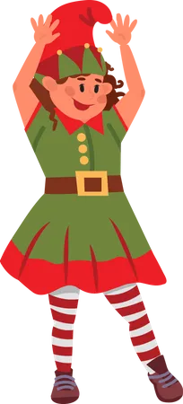 Niña vestida con disfraz de elfo y celebrando la fiesta de Navidad  Ilustración