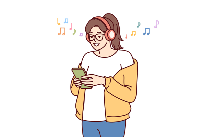 La chica disfruta de la música con auriculares  Ilustración