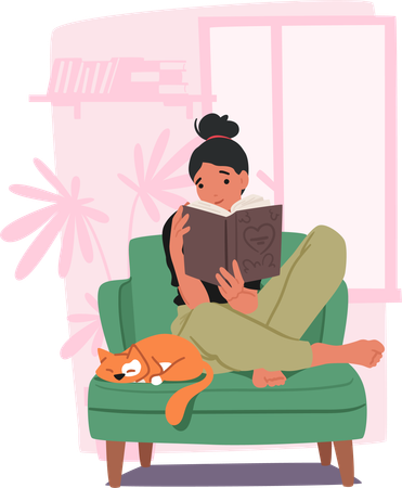 La niña disfruta leyendo un libro con su gato  Ilustración