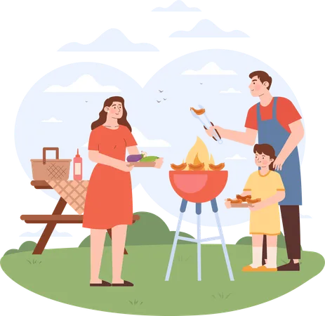 Niña disfrutando de comida de barbacoa con sus padres  Ilustración