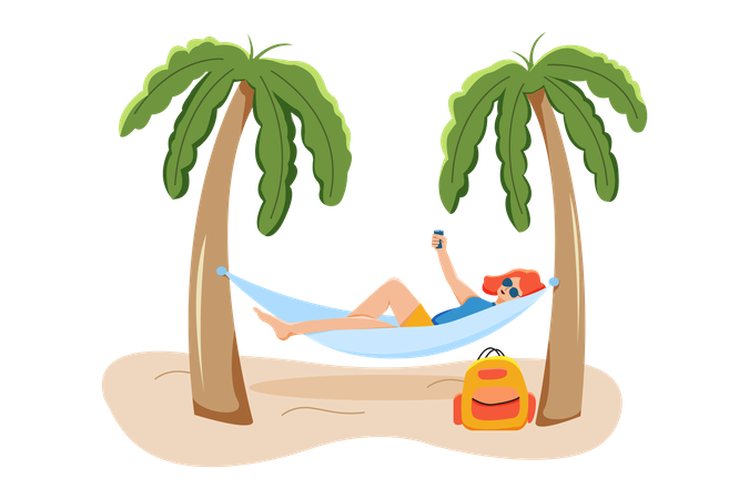 Chica disfrutando de la playa mientras duerme en una hamaca  Ilustración