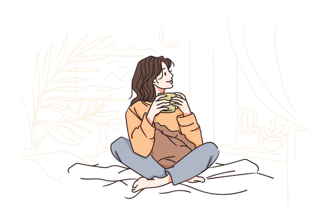 Chica disfrutando de un café mientras está sentada en un espacio acogedor  Ilustración