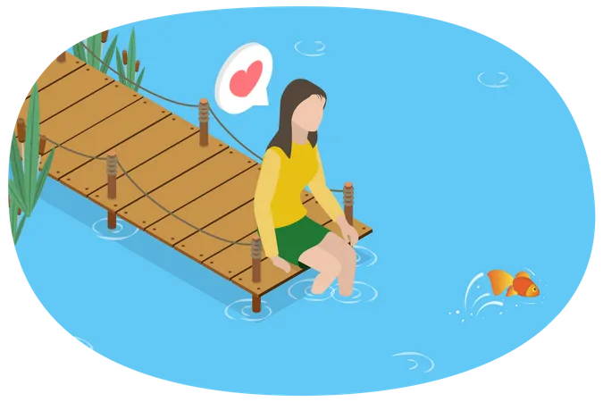 Ilustracion Conceptual De Vector Plano Isometrico 3 D De Disfrutar Del Verano Mujer Sentada En Un Muelle De Madera Junto A Un Lago Ilustración
