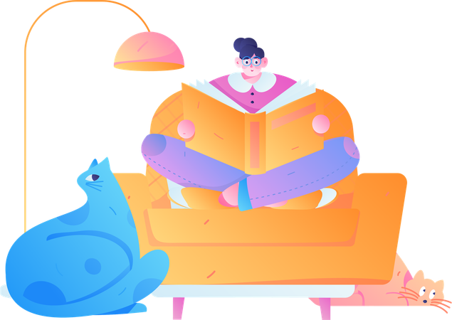 Chica disfrutando leyendo un libro en casa  Ilustración