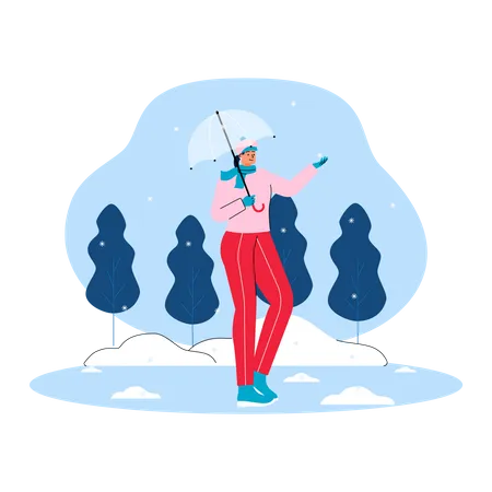 Chica disfrutando de la lluvia de nieve  Ilustración