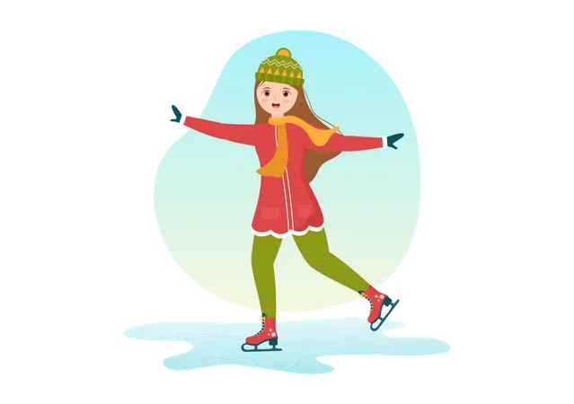 Chica disfrutando patinando sobre hielo  Ilustración