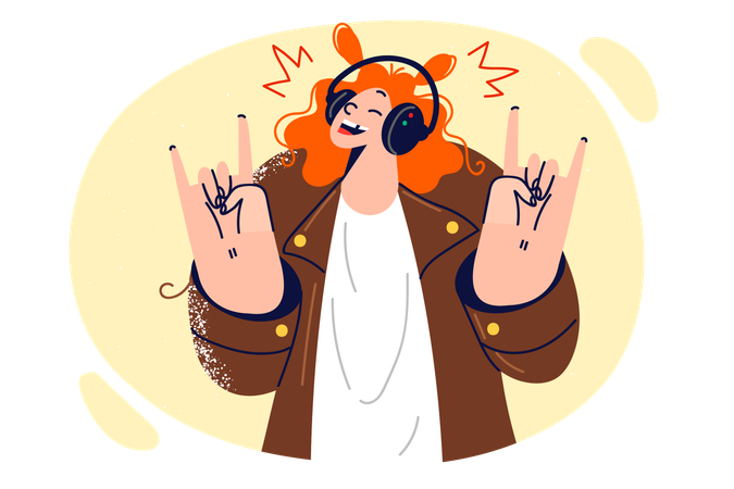 Chica con auriculares escucha música  Ilustración