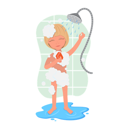 Niña tomándose una ducha por la mañana  Ilustración