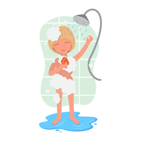 Niña tomándose una ducha por la mañana  Ilustración