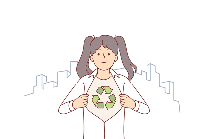 Niña ecoactivista que muestra el símbolo del reciclaje y la sostenibilidad ambiental debajo de la camisa  Ilustración