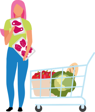 Chica eligiendo carne fresca en el supermercado  Ilustración