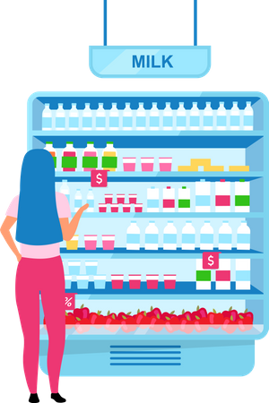 Chica eligiendo leche en el supermercado  Ilustración