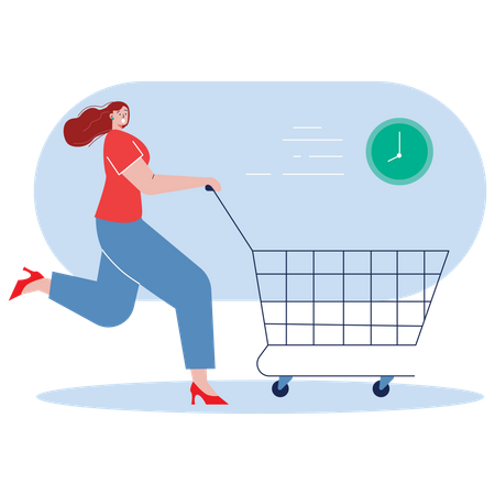 Chica empujando carrito de compras  Ilustración