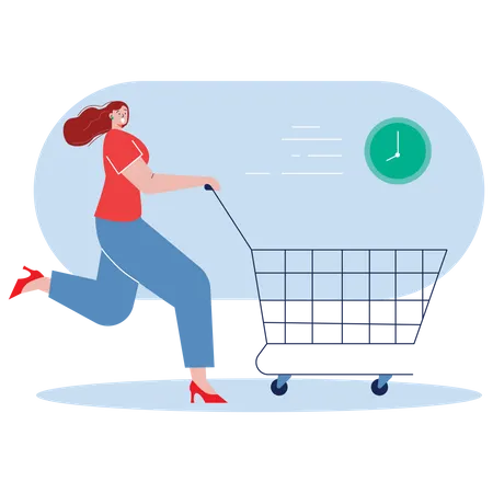 Chica empujando carrito de compras  Ilustración