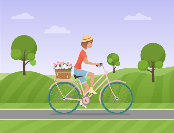 Niña, andar en bicicleta  Ilustración