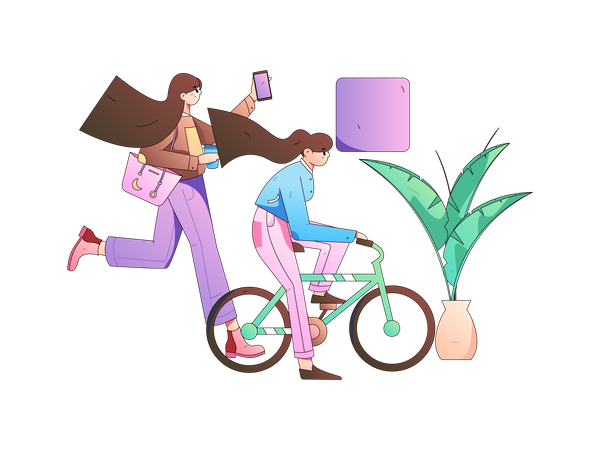 Chica en bicicleta mientras la mujer corre para el transporte  Ilustración