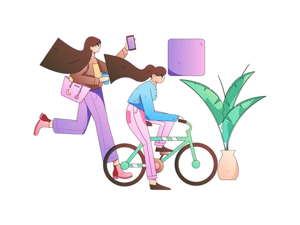 Chica en bicicleta mientras la mujer corre para el transporte  Ilustración