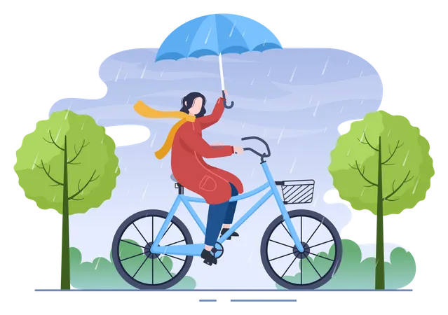 Chica en bicicleta mientras sostiene el paraguas  Ilustración