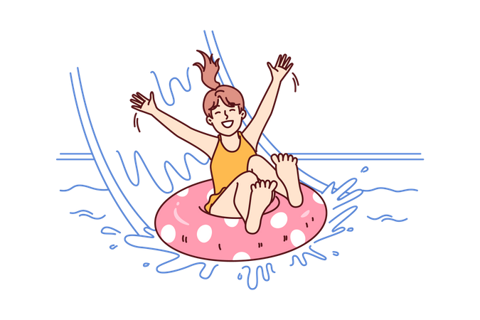 Una niña en la piscina flota en un anillo inflable y disfruta visitando el parque acuático en un clima soleado de verano  Ilustración