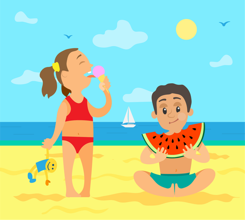 Chica en la playa comiendo helado y chico comiendo melón  Ilustración