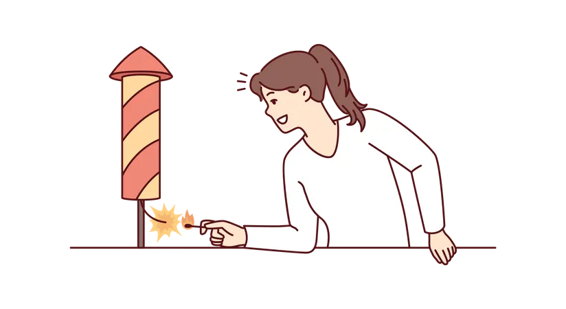 Chica encendiendo petardo cohete  Ilustración