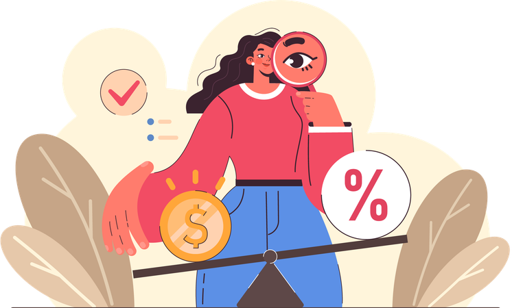 Chica encontrando equilibrio financiero  Ilustración