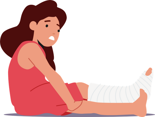 Chica enferma y molesta con la pierna vendada rota sentada en el suelo  Ilustración