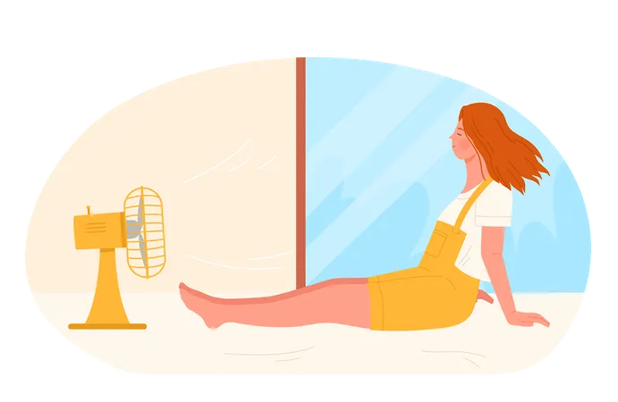 Chica enfriándose en el ventilador eléctrico que sopla  Ilustración